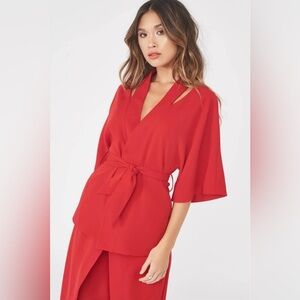 Lavish Alice Cut Out Shoulder Kimono Wrap Top in Red